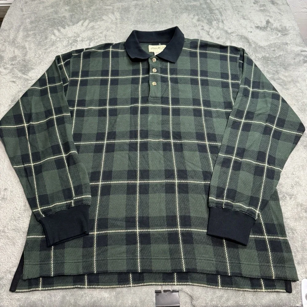VTG 90s Eddie Bauer Cotton Knit Polo Shirt Long Sleeve Green Plaid Mens L Indie